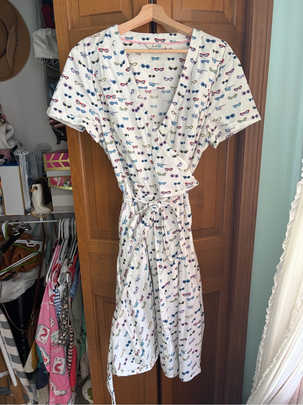 Biden White Wrap Midi Dress with Multicolor Sunglasses Print